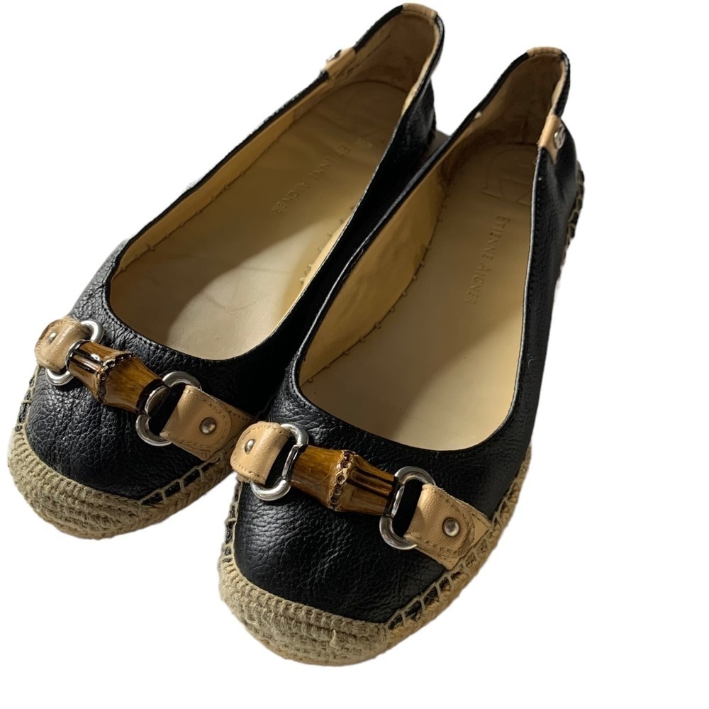 Etienne Aigner Black Leather Flat Espadrille /Tortoise Shell & Silver Accents